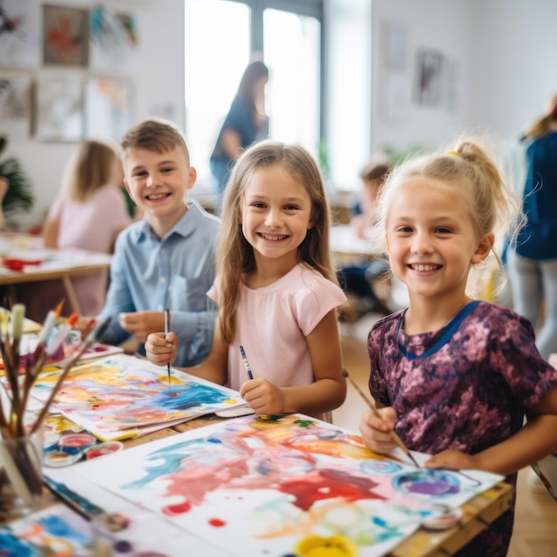 Bambini che dipingono con gli acquerelli a scuola