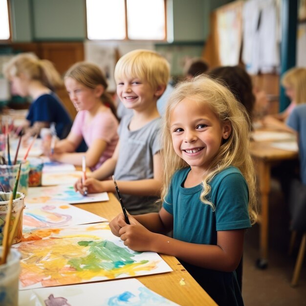 Bambini che dipingono con gli acquerelli a scuola