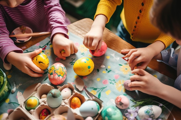 Bambini che dipingono le uova di Pasqua su un tavolo