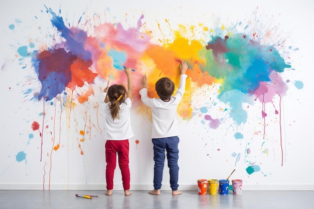 bambini che dipingono su un muro con vernice a pennello.