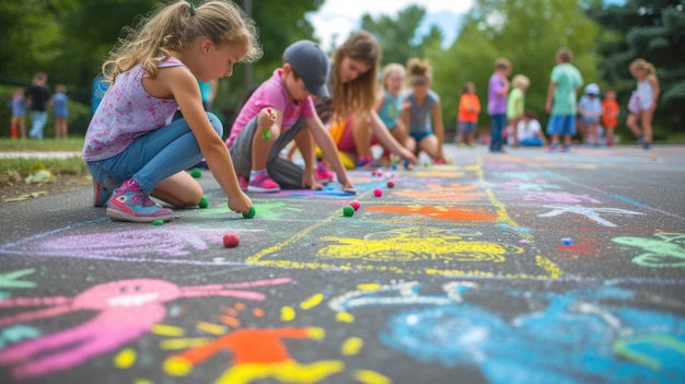 Bambini che disegnano felicemente con il gesso durante un divertente evento ricreativo AIG41