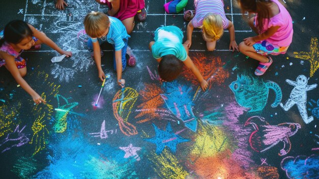 Bambini che disegnano felicemente con il gesso durante un divertente evento ricreativo AIG41