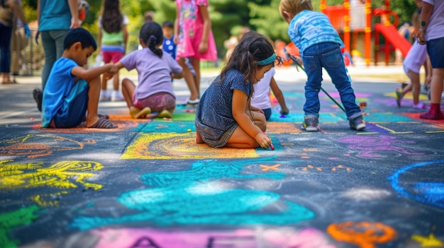 Bambini che disegnano felicemente con il gesso durante un divertente evento ricreativo