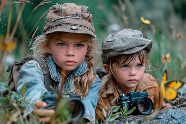 bambini che esplorano la natura in un campeggio