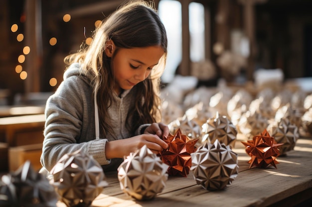 Bambini che fanno ornamenti di Natale con materiali riciclati Generative ai