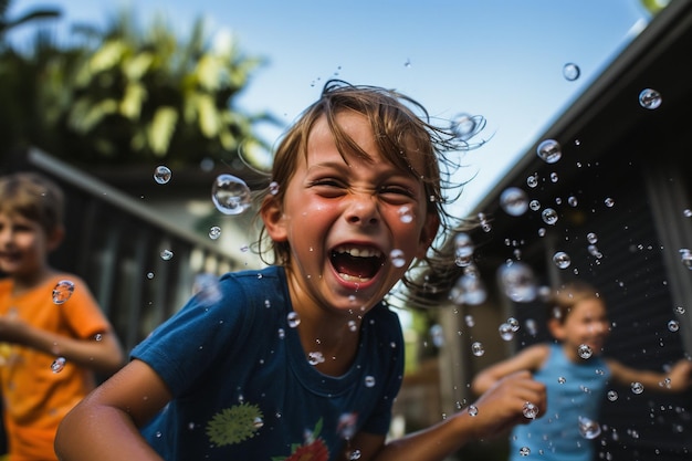 Bambini che fanno una giocosa lotta con i palloncini d'acqua in un cortile le loro espressioni piene di cattiveria sono sparate