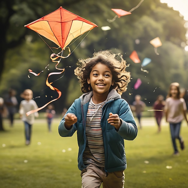 bambini che fanno volare gli aquiloni nel parco in primavera