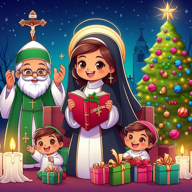 bambini che festeggiano felicemente il Natale con la sanda in chiesa illustrazione di cartoni animati per il libro di storie scolastiche