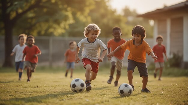 bambini che giocano a calcio con uno che indossa una maglietta arancione e l'altro con il numero 8 sul retro