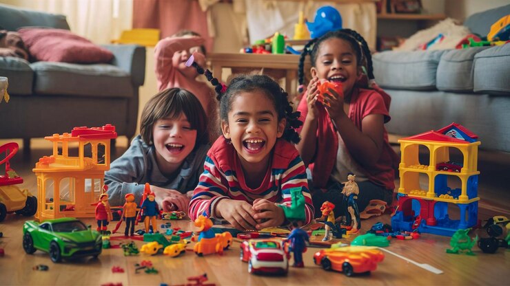 Foto bambini che giocano con i legos e un tavolo di legno con uno che dice "quotes kids"