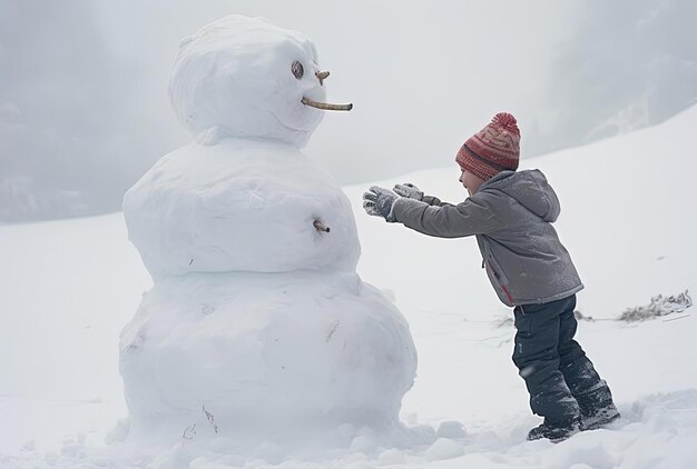 bambini che giocano con i pupazzi di neve in una fredda giornata di neve nello stile interattivo