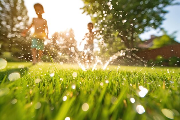 Bambini che giocano con l'acqua in un bellissimo cortile a bassa profondità