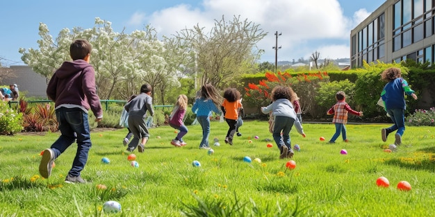 Bambini che giocano con le uova di Pasqua nel prato erboso