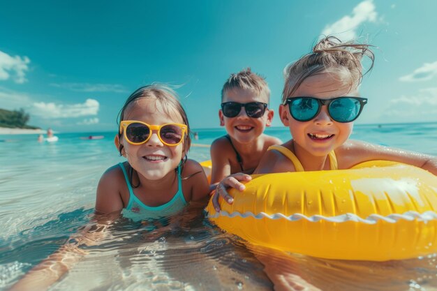 Bambini che giocano con un anello di gomma gonfiabile in mare durante le vacanze estive