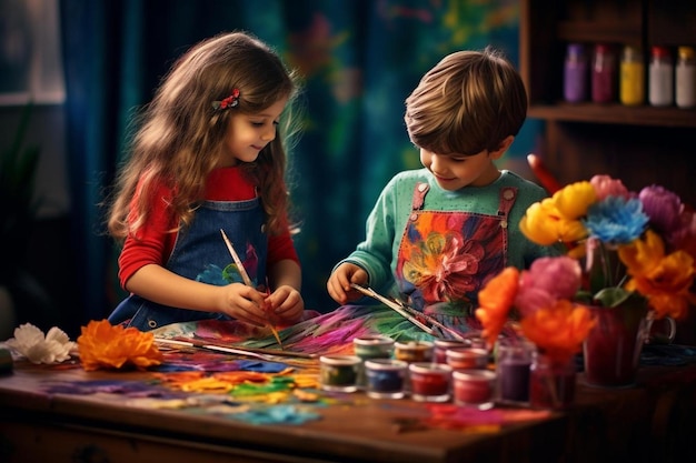 bambini che giocano con un pennello e un panno colorato