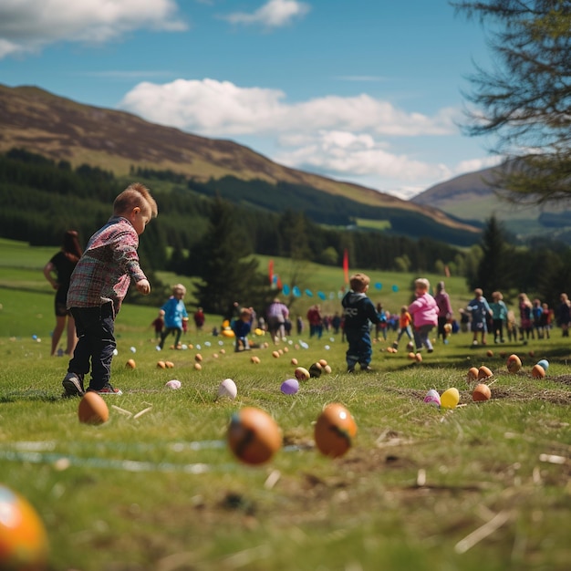 Bambini che giocano con uova colorate Easter Egg Rolling in Scozia