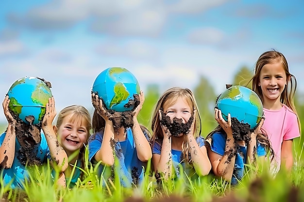 Bambini che giocano in tutto il mondo il concetto della Giornata Mondiale della Terra che nutre la terra in mezzo