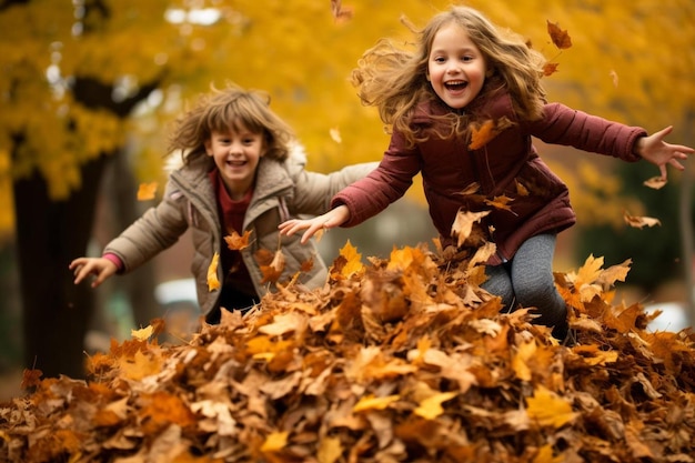 bambini che giocano in un mucchio di foglie d'autunno