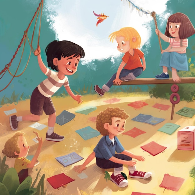 Bambini che giocano insieme nell'amore Giornata dei bambini Illustrazione che si diverte a studiare nel cortile della scuola