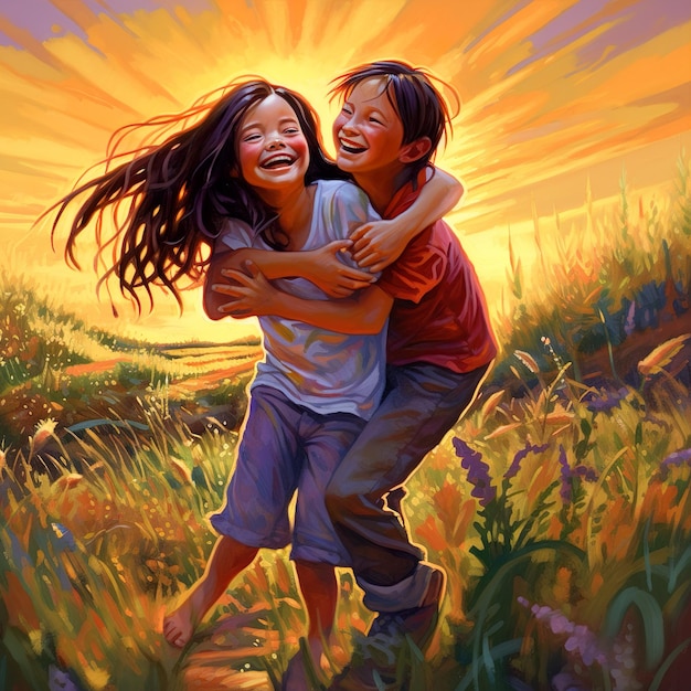 Bambini che giocano insieme nell'amore Giornata dei bambini Illustrazione che si diverte a studiare nel cortile della scuola