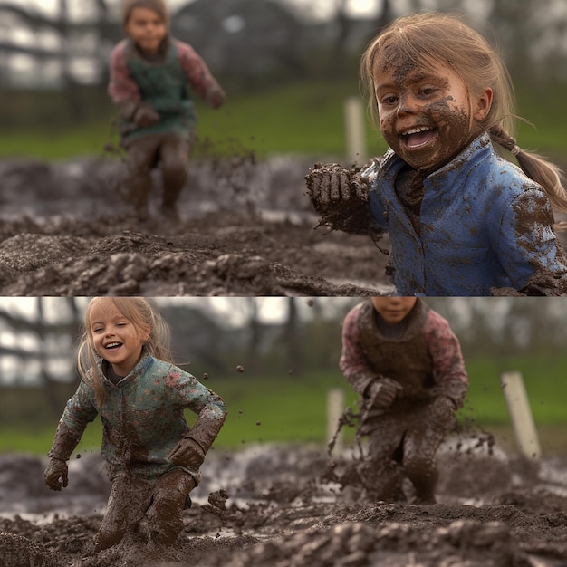 Bambini che giocano nel fango dell'acqua IA generativa