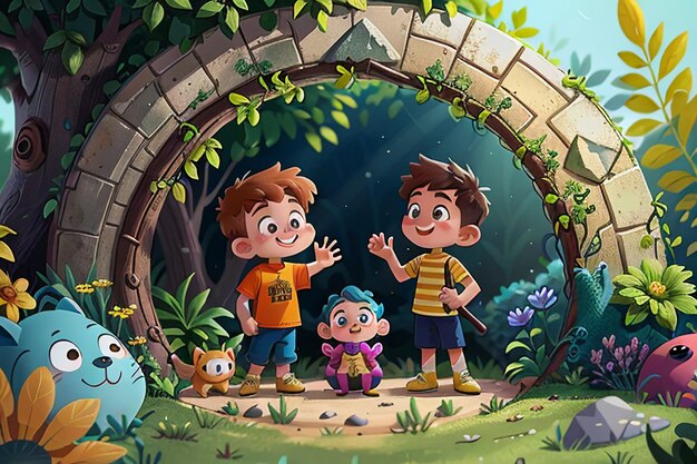 Bambini che giocano nella foresta Illustrazione del fondo della carta da parati del paradiso dei bambini della foresta del fumetto