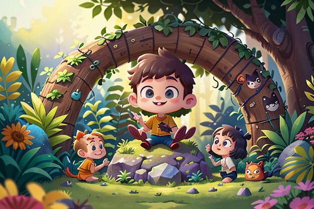 Bambini che giocano nella foresta Illustrazione del fondo della carta da parati del paradiso dei bambini della foresta del fumetto