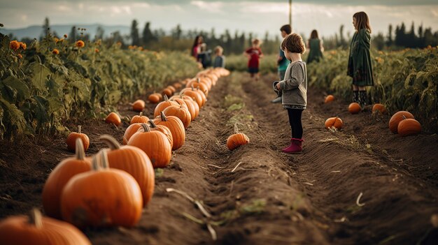 bambini che giocano su un campo di zucche