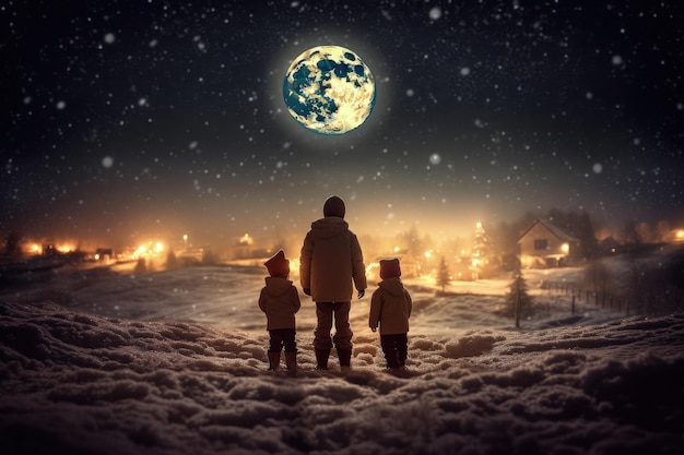 Bambini che guardano la luna la notte di Natale IA generativa