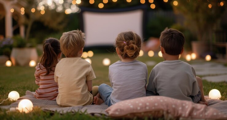 Bambini che guardano un film in una riunione all'aperto