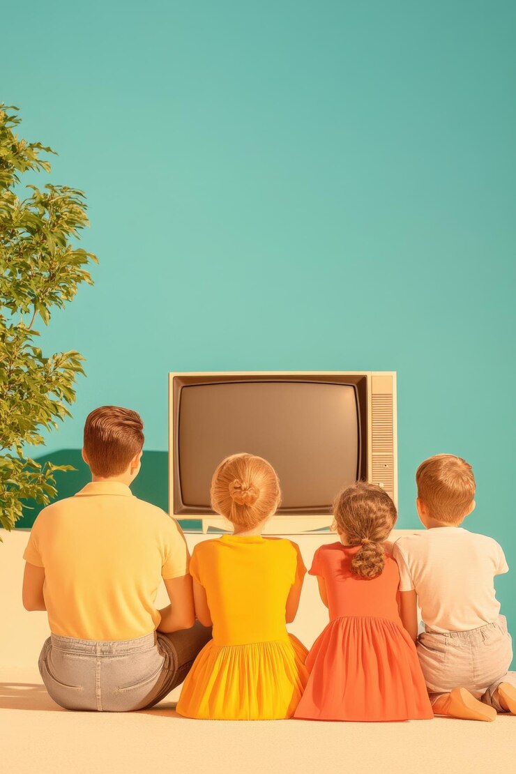 Bambini che guardano un televisore d'epoca sullo sfondo blu brillante in estate