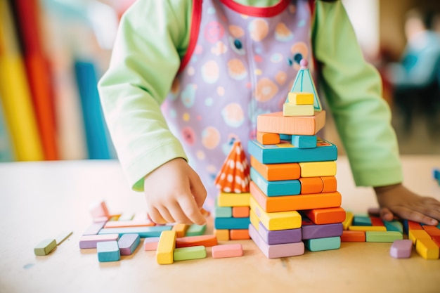 Bambini che impilano con precisione blocchi di legno colorati