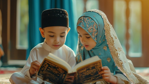 Bambini che leggono insieme il Corano Ramadan Kareem Ramadan Mubarak