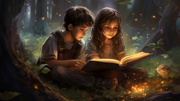 Bambini che leggono l'atmosfera epica del libro fantasy