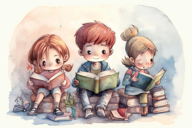 Bambini che leggono libri su un muro