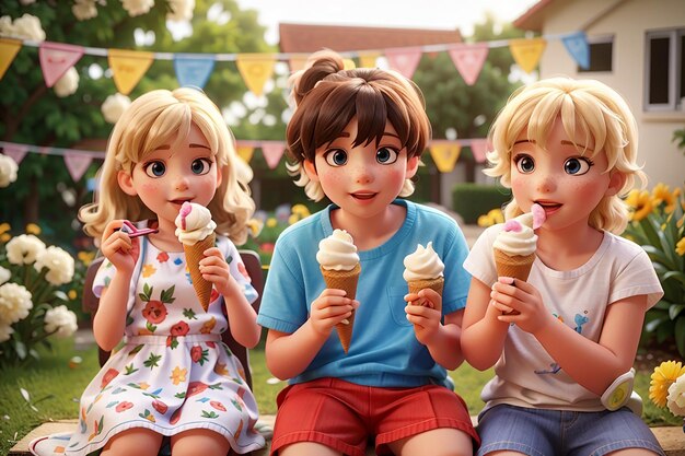 Bambini che mangiano il gelato in giardino