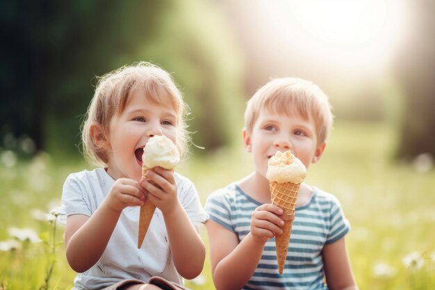 Bambini che mangiano il gelato Sorridi piccoli Genera Ai