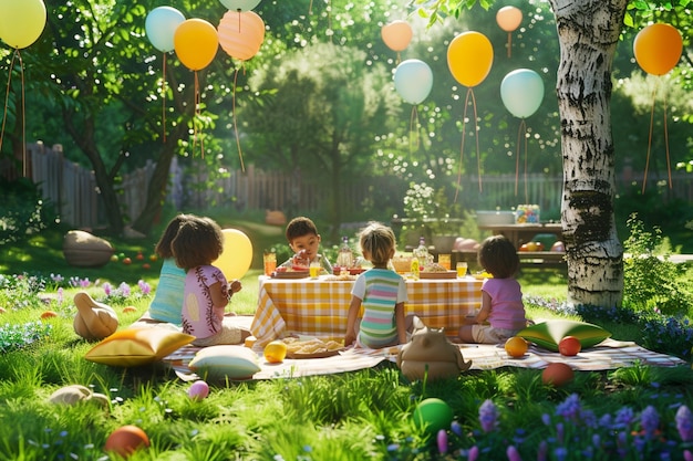 Bambini che organizzano un picnic in cortile per una serata rilassata
