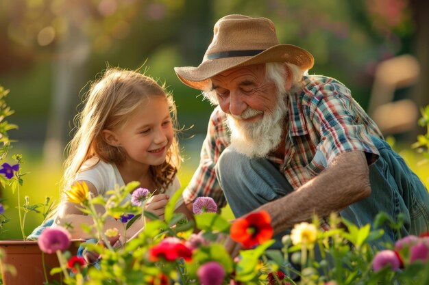 Bambini che piantano fiori con il nonno nel cortile estivo AI generativa