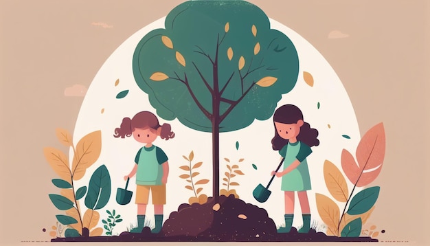 Bambini che piantano un albero per la salute del mondo e dell'ambiente Creato con la tecnologia dell'IA generativa