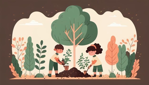 Bambini che piantano un albero per la salute del mondo e dell'ambiente Creato con la tecnologia dell'IA generativa