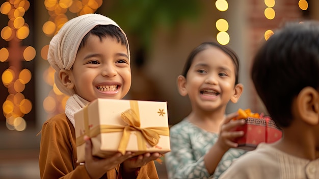 Bambini che ricevono regali con entusiasmo durante la celebrazione dell'Eid al-Adha in un ambiente domestico caldo