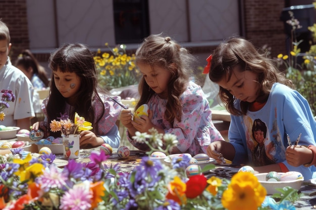 Bambini che si divertono nel prato condividendo e piantando uova di Pasqua nell'erba