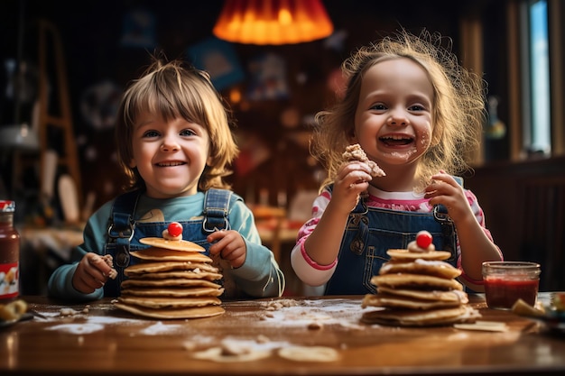 Bambini che si godono i pancake con condimenti colorati