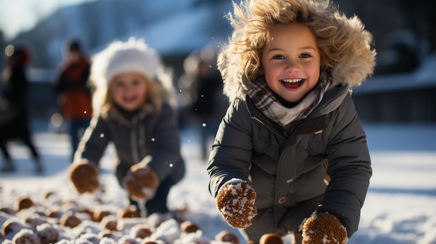 bambini che si godono la stagione invernale di Natale giocando sulla neve con abiti