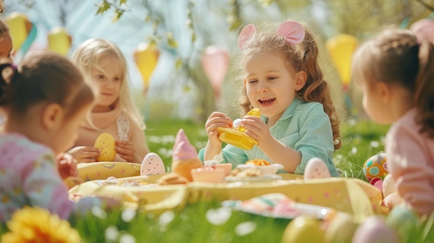 Bambini che si godono un picnic sull'erba che condividono cibo e sorrisi