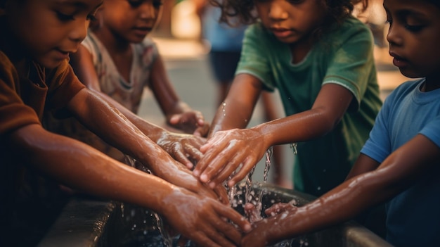 Bambini che si lavano le mani in una fontana di acqua