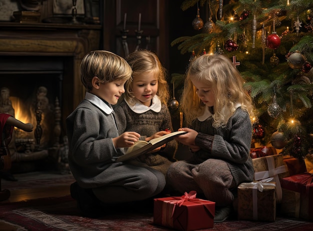 Bambini che spacchettano il regalo di Natale Bambini che aprono i regali durante le vacanze invernali IA generata