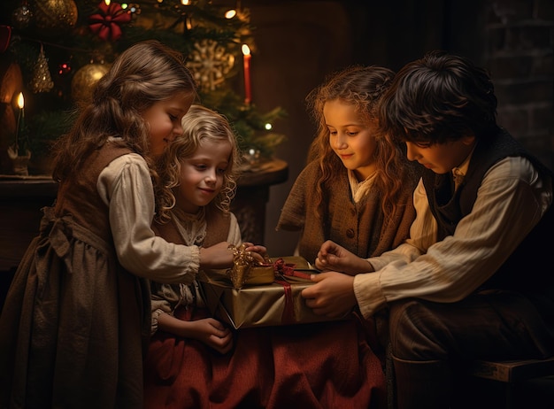 Bambini che spacchettano il regalo di Natale Bambini che aprono i regali durante le vacanze invernali IA generata