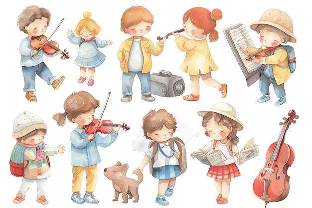 Bambini che suonano strumenti musicali Bambini di cartoni animati carini che giocano al violino Cantano suonando il violino